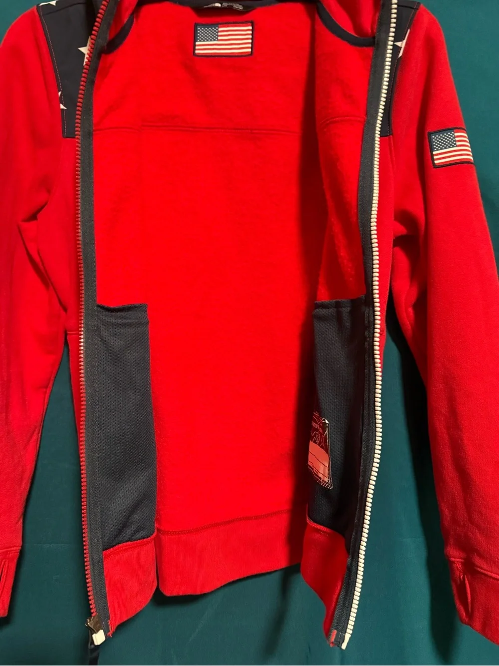 The North Face 2018 Olympic, Red Fleece Hoodie with Navy Star Yoke
